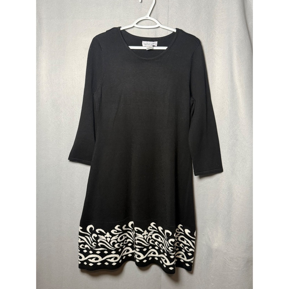 Jessica H Black White Scroll Hem Knit Sweater Dress A-Line Long Sleeve ST8M0857
